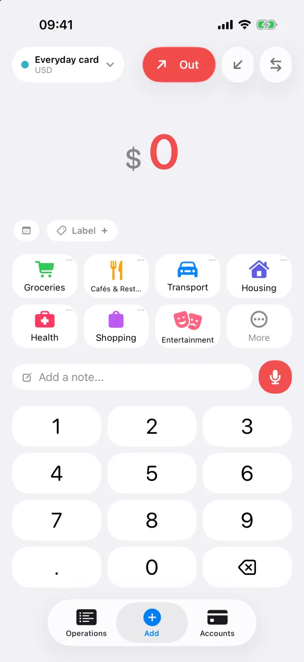 Money Hamster Quick Add screen: an amount keypad, category tiles and a microphone button.