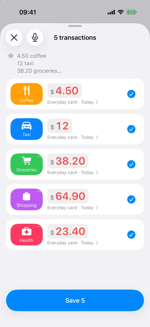 Money Hamster review list after a spoken phrase: five transactions — coffee 4.50, taxi 12, groceries 38.20, shopping 64.90, health 23.40 — each with its category and a Save 5 button.